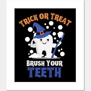 Trick or Treat Brush Your Teeth - Tooth Wearing Witch Hat Holding Toothbrush Posters and Art